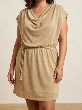 Nine & Co. Gold Metallic Cowl Neck Short Sleeve Shift Dress Size 16 XL
